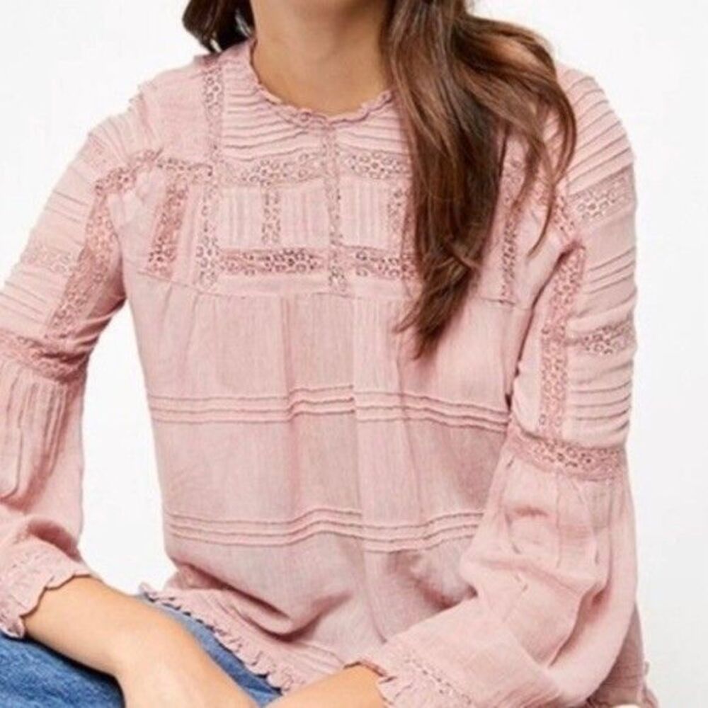 Free People Size M Olivia Eyelet Lace Pink Blouse